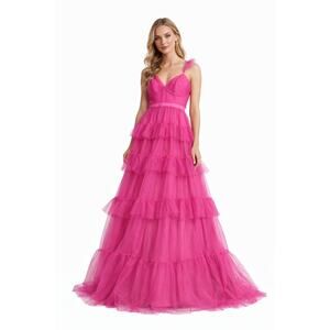 NWT Betsy & Adam Sweetheart Neck Ruffled Tiered Tulle Gown Hot Pink Size 8